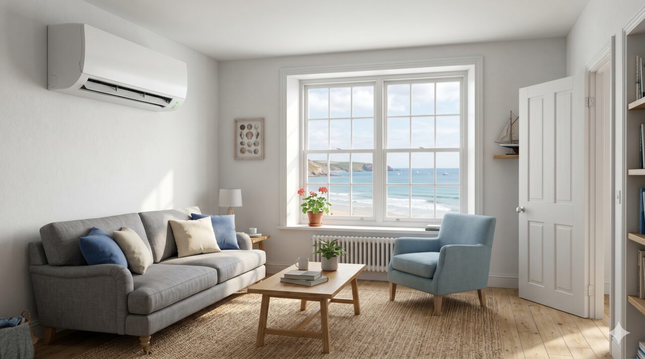 Mitsubishi MSZ-AP multi-split AC installed in a top-floor South Shields coastal flat