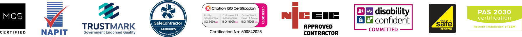AMP Renewables accreditations: MCS Certified · NAPIT · TRUSTMARK Government Endorsed · SafeContractor Approved · Citation ISO 9001/14001/45001 · NICEIC Approved Contractor · Disability Confident Committed · Gas Safe Register · PAS 2030